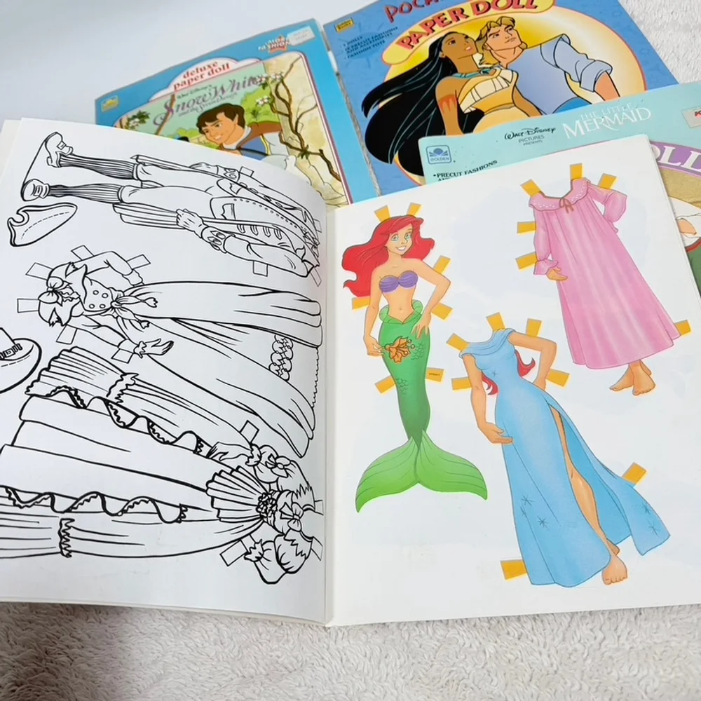 6 Golden Book Disney Movie PaperDolls: Snow White/Pocahontas/Mermaid+ Complete